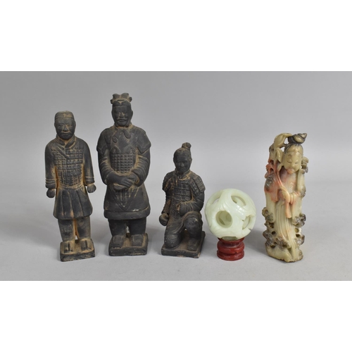 246 - A Collection of Various Chinese Items to include Terracotta Soldier Figures, Jadeite Puzzle Ball and... 