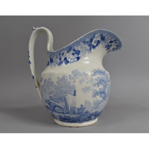 373 - A 19th Century Blue and White Jug, Cattle Scene, 22cms High