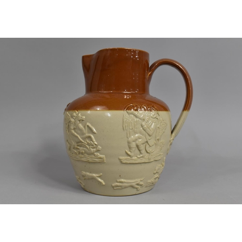 384 - A Salt Glazed Stoneware Jug, Decorated in Relief with Tavern Scene, George and the Dragon, Windmill,... 