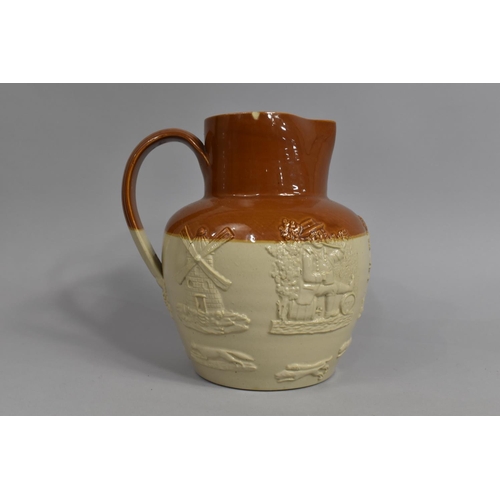 384 - A Salt Glazed Stoneware Jug, Decorated in Relief with Tavern Scene, George and the Dragon, Windmill,... 