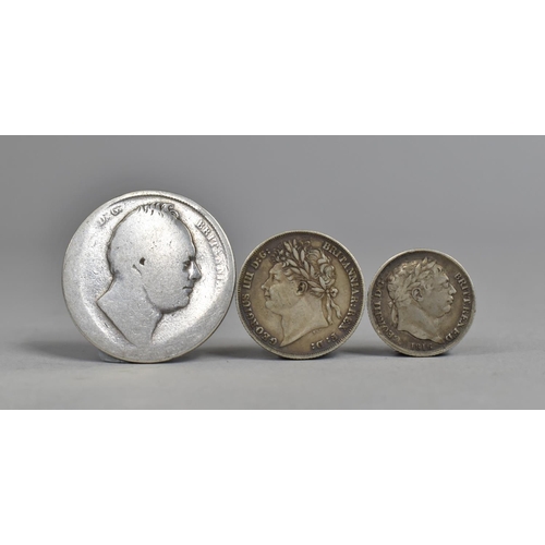 402 - Three Georgian Silver Coins, George III 1816, George IV 1821 and a Further 1836 Coin (Rubbed)