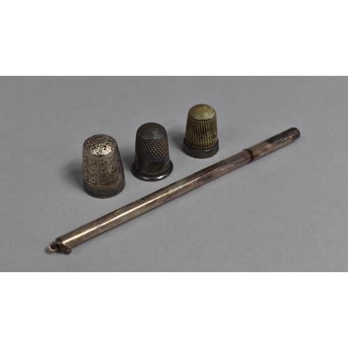 430 - Two Silver Thimbles Together with a Further Plated Example and a Silver Needle Case