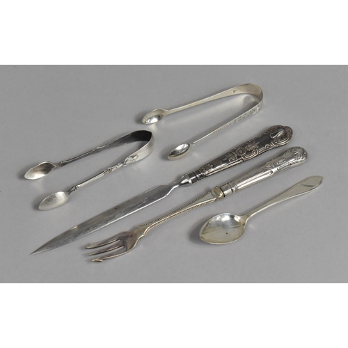 437 - A Collection of Silver and Silver Handled Flatware to Comprise Sugar Tongs, Letter Opener etc, Vario... 