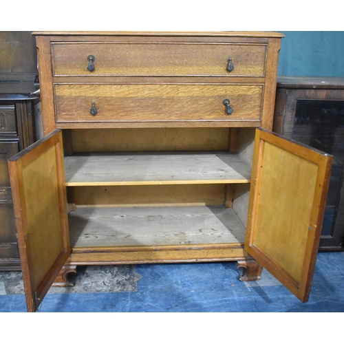 518 - A Mid 20th Century Oak Tall Boy with Two Long Drawers Over Cupboard Base, Galleried Back, 94cms Wide