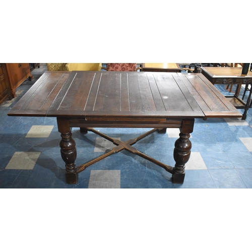 531 - An Early 20th Century Oak Draw Leaf Dining Table with Turned Bulbous Supports, Joined by X-Frame, 18... 