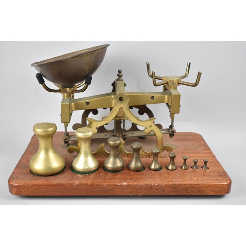 63 - A Set of Brass Pan Scales on Wooden, C. Stephens of London, Fitted Plinth complete with Nine Weights... 