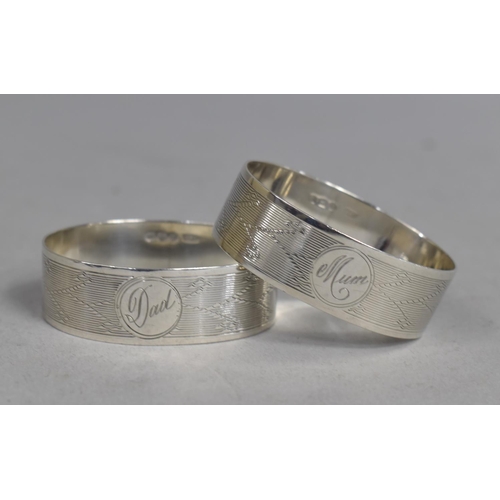 432 - A Pair of Silver Napkin Rings, both with Engine Turned Design and Inscribed 'Mum' & 'Dad', Birmingha... 