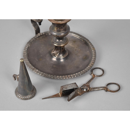 105 - A Sheffield Plated Bed Chamberstick with Snuffer and Candle Snips, 14cms Diameter