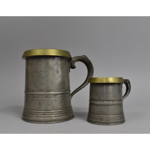 113 - Two Graduated Victorian Brass Mounted Pewter Measures, Quart and Half Pint