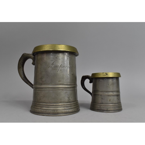 113 - Two Graduated Victorian Brass Mounted Pewter Measures, Quart and Half Pint