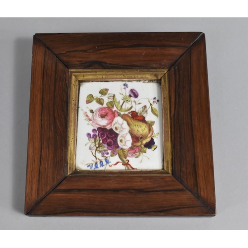 161 - A 19th Century Framed Hand Painted Porcelain Plaque Depicting Flowers, Cracked, Frame 16x18.5cm