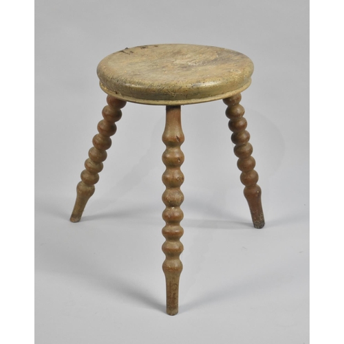 193 - A Vintage Circular Topped Stool with Three Bobbin Leg Supports, Has Been Wormed, 32cm Diameter and 4... 