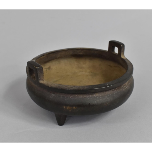 225 - A Large Bronze Circular Two Handled Censer on Three Feet, Seal Mark to Base, 15cm Diameter