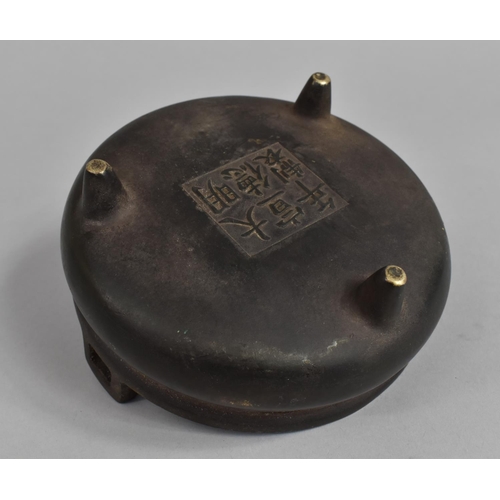 225 - A Large Bronze Circular Two Handled Censer on Three Feet, Seal Mark to Base, 15cm Diameter