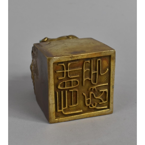 226 - A Large Chinese Reproduction Heavy Gilt Bronze Cube Seal Decorated with Goats Having Jewelled Eyes, ... 