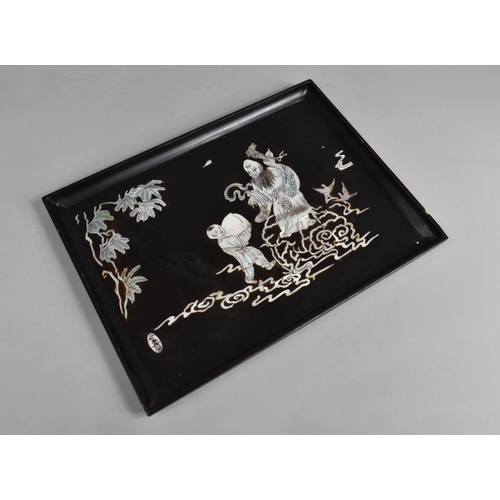 281 - A Modern Chinese Hardwood and Mother of Pearl Inlaid Rectangular Tray decorated with God Shou and Ch... 