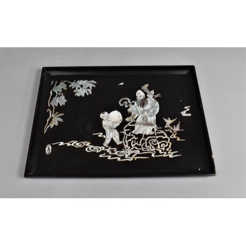 281 - A Modern Chinese Hardwood and Mother of Pearl Inlaid Rectangular Tray decorated with God Shou and Ch... 