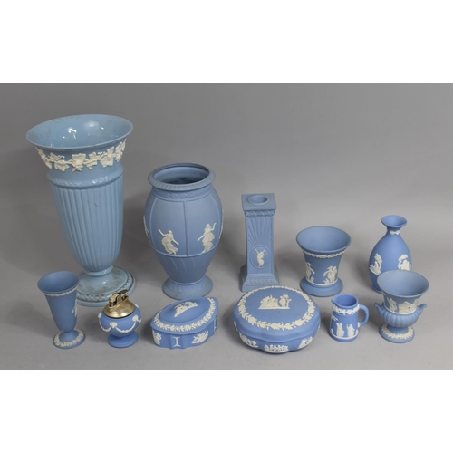 339 - A Collection of Various Wedgwood Blue and White Jasperware to comprise Vase, Candlestick, Lidded Pot... 