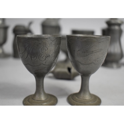 363 - A Collection of Various 19th Century Pewter Items to comprise Pair of Egg Cups with Chased Monogramm... 