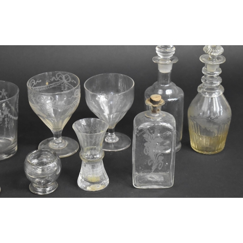 373 - A Collection of Various Glassware to comprise Early 19th Century Flask, Spirit Measure, Drinking Gla... 