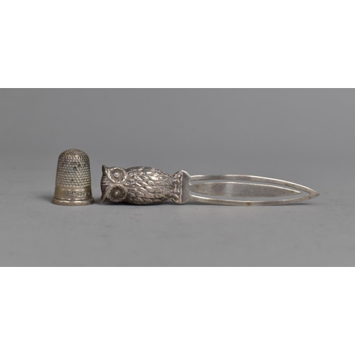 416 - A Silver Bookmark with Owl Finial Together with a Silver Thimble