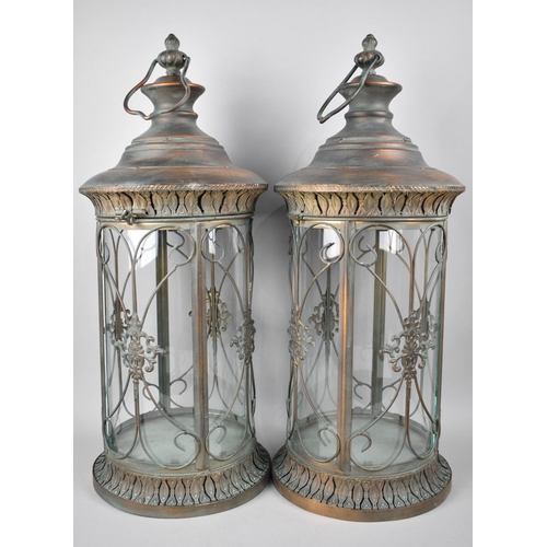 104 - A Pair of Reproduction Victorian Style Copper and Glass Lanterns, 56cms High