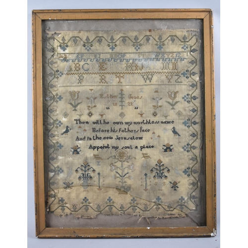 150 - An Early 19th Century Framed Religious Sampler by Esther Jones, Dated 1821, 34x38cms, Condition issu... 