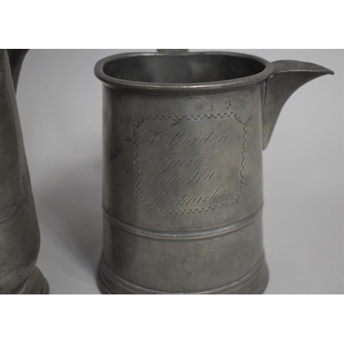 157 - Two Pewter Side Pouring Quart Measures, Woolwich and Shropshire Stamps