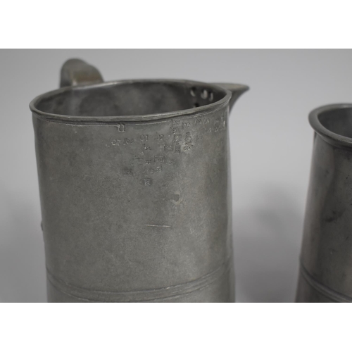 157 - Two Pewter Side Pouring Quart Measures, Woolwich and Shropshire Stamps