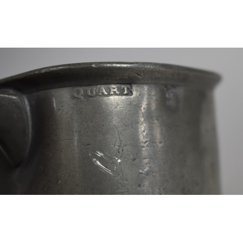 157 - Two Pewter Side Pouring Quart Measures, Woolwich and Shropshire Stamps