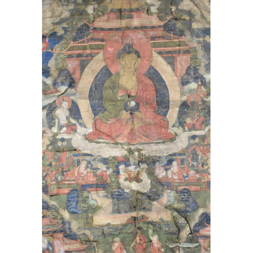 227 - An Oriental 19th Century Painted Textile Scroll Depicting Seated Buddha, Condition Issues, 87x56cm O... 