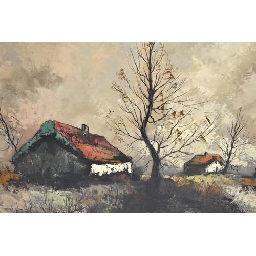 236 - A Late Framed Oil on Canvas, Three Cottages in Winter Landscape, 103cm wide