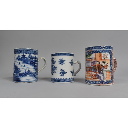 278 - Three 18th Century Chinese Tankards, Two Blue and White Examples and a Mandarin Palette Example with... 