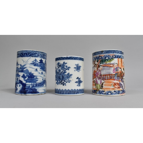 278 - Three 18th Century Chinese Tankards, Two Blue and White Examples and a Mandarin Palette Example with... 