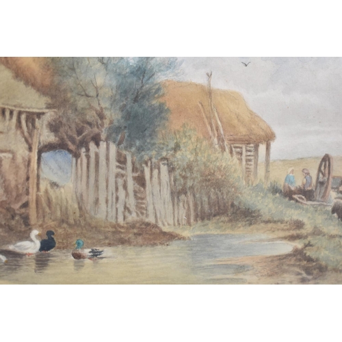 320 - A Framed Edwardian Watercolour, Signed J Palin,  Dilapidated Thatched Cottage with Duck Pond, 47x19c... 