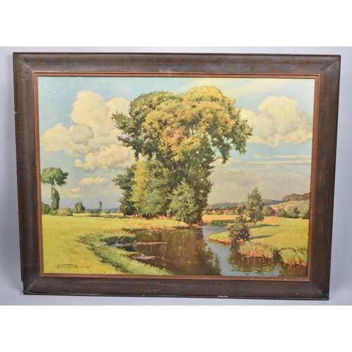 354 - A Large Framed German Print After Franz Frankl, Summer River Scene, 85x63cm