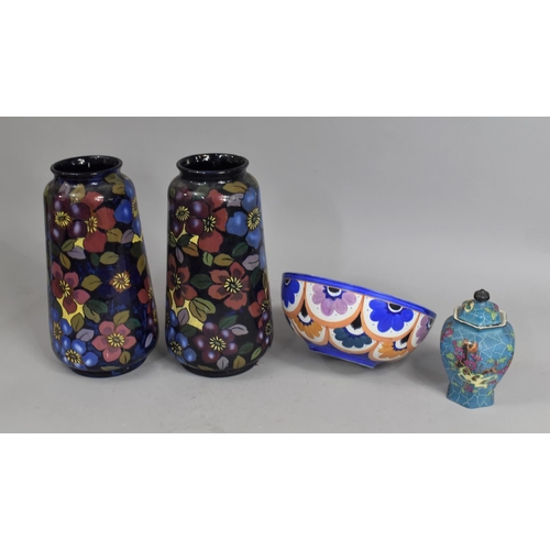 356 - A Pair of Royal Stanley Ware Jacobean Vases decorated with Flowers on Blue Ground together with a Ca... 