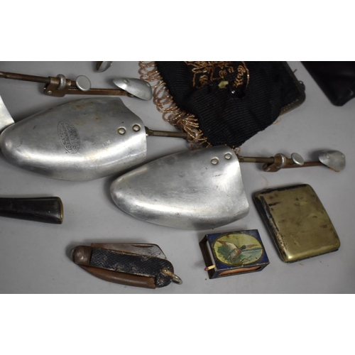 364 - A Collection of Various Vintage Items to comprise Shoe Trees, Ladies Bag, Parasol, Silver Plated Mir... 