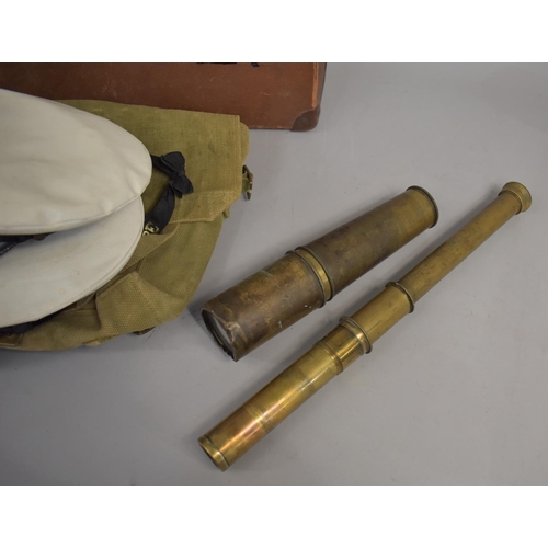 370 - A Collection of Various Navy Caps together with a 19th Century Telescope (AF) Canvas Bag and a Monog... 