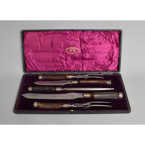 422 - A Late Victorian/Edwardian Five Piece Carving Set by Joseph Rodgers Having Silver Collars to Antler ... 