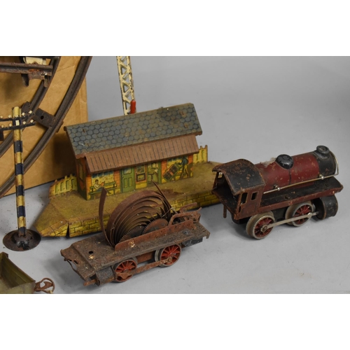 566 - A Collection of O Gauge Track, Signals Together with Clockwork Locomotive, Condition Issues