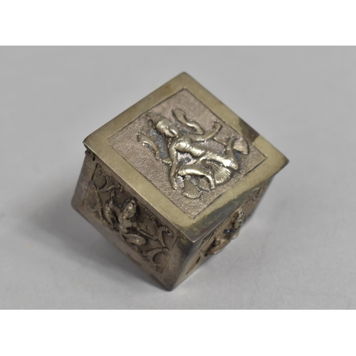 62 - A Thai Pressed Metal Miniature Box Decorated with Buddha, 4cms Wide