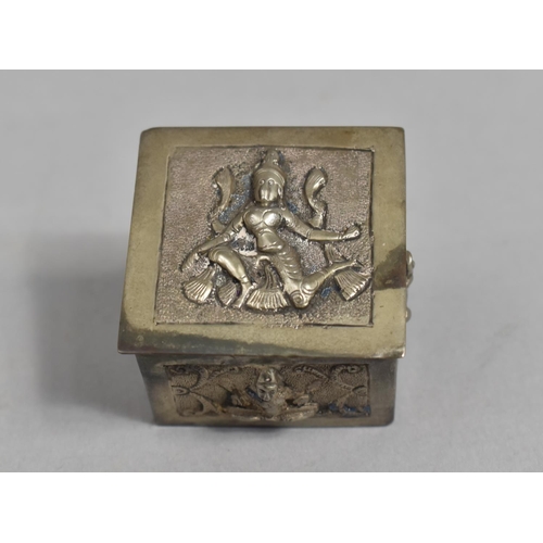 62 - A Thai Pressed Metal Miniature Box Decorated with Buddha, 4cms Wide