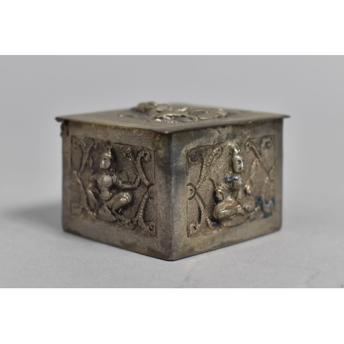 62 - A Thai Pressed Metal Miniature Box Decorated with Buddha, 4cms Wide