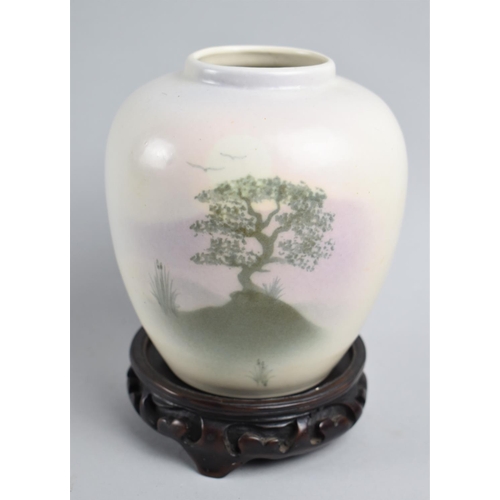 150 - A Signed Glazed Vase Decorated with Tree together with Unrelated Chinese hardwood Vase Stand