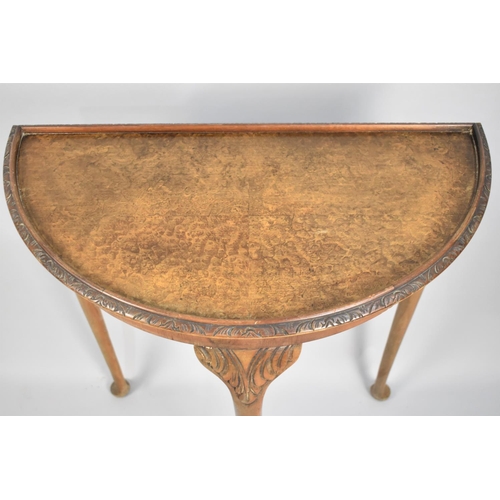 152 - A Mid 20th Century Burr Walnut Demi Lune Side Table on Extended Cabriole Supports, 65cms Wide