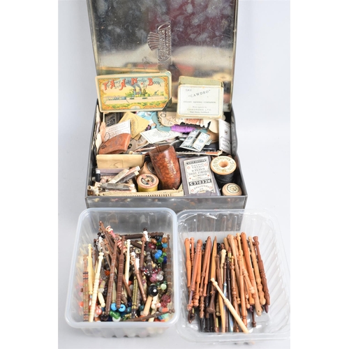 214 - A Tin Containing Various Vintage Sewing Accessories and Items Together with a Collection of Wooden a... 