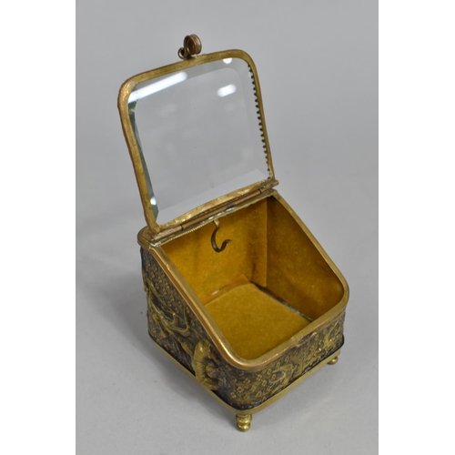 24 - A Late Victorian/Edwardian Pressed Brass Pocket Watch Casket with Sloping Glazed Lid, Relief Decorat... 