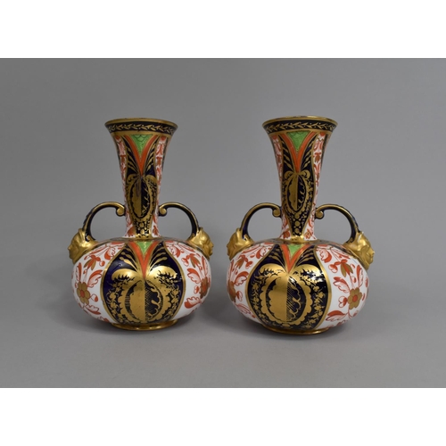 268 - A Pair of Crown Derby Imari Vases of Bottle Form with Flared Neck Having Twin Mask Head Handles, (No... 