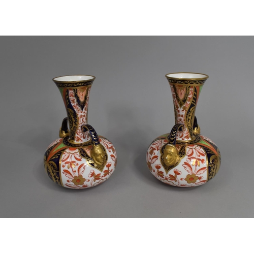 268 - A Pair of Crown Derby Imari Vases of Bottle Form with Flared Neck Having Twin Mask Head Handles, (No... 